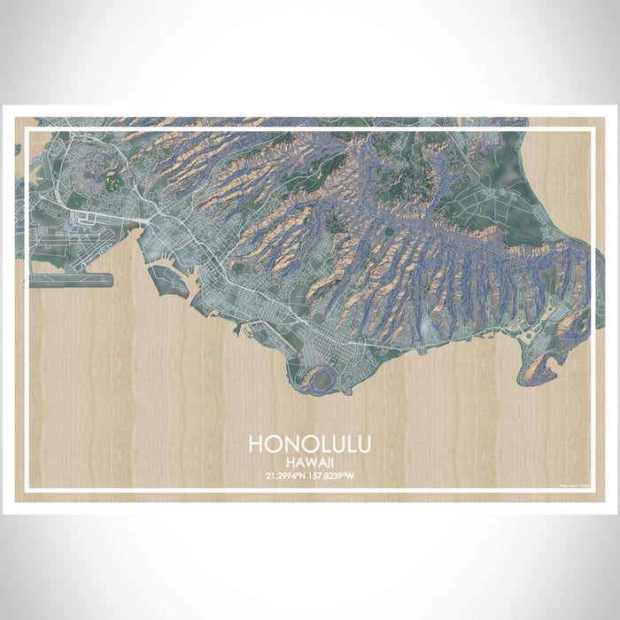 Honolulu Hawaii Map Print Landscape Orientation in Afternoon Style With Shaded Background