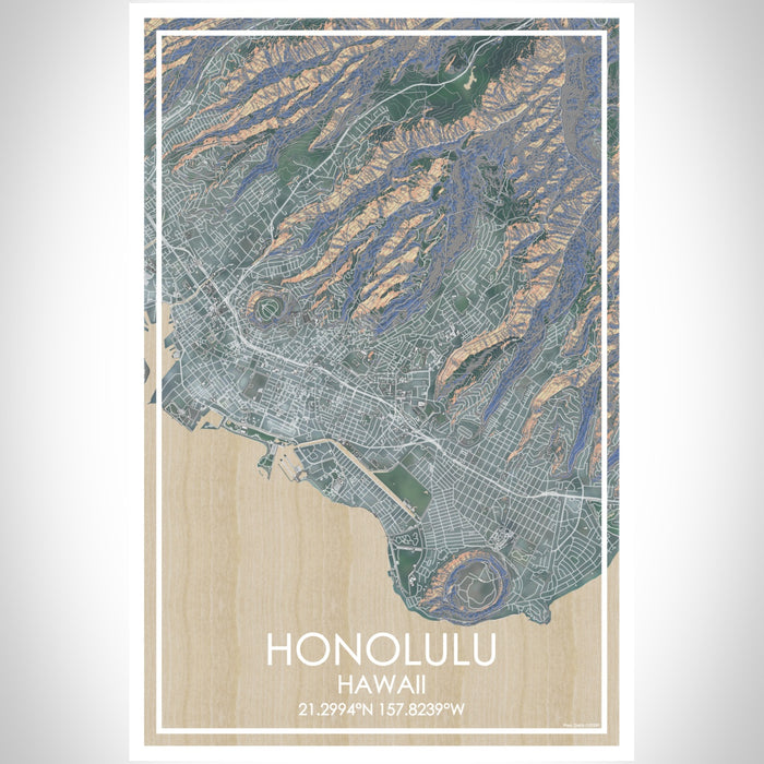 Honolulu Hawaii Map Print Portrait Orientation in Afternoon Style With Shaded Background