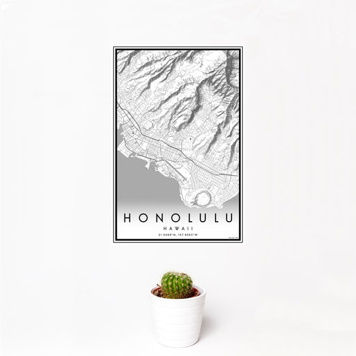 12x18 Honolulu Hawaii Map Print Portrait Orientation in Classic Style With Small Cactus Plant in White Planter