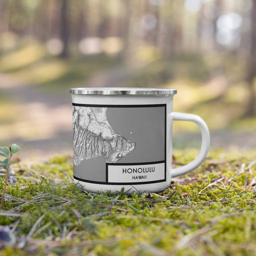 Right View Custom Honolulu Hawaii Map Enamel Mug in Classic on Grass With Trees in Background