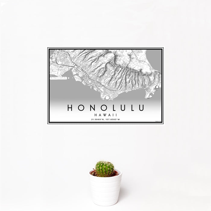 12x18 Honolulu Hawaii Map Print Landscape Orientation in Classic Style With Small Cactus Plant in White Planter
