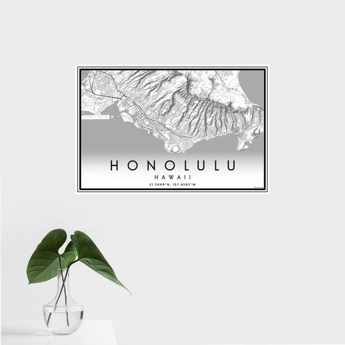 16x24 Honolulu Hawaii Map Print Landscape Orientation in Classic Style With Tropical Plant Leaves in Water