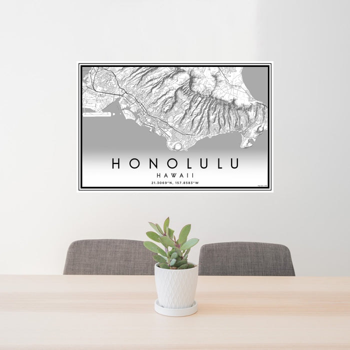24x36 Honolulu Hawaii Map Print Landscape Orientation in Classic Style Behind 2 Chairs Table and Potted Plant