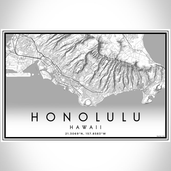 Honolulu Hawaii Map Print Landscape Orientation in Classic Style With Shaded Background