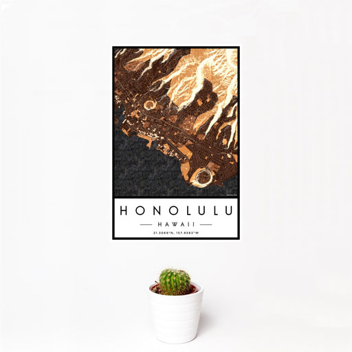 12x18 Honolulu Hawaii Map Print Portrait Orientation in Ember Style With Small Cactus Plant in White Planter