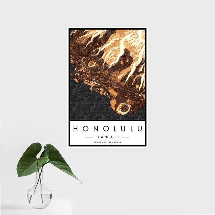 16x24 Honolulu Hawaii Map Print Portrait Orientation in Ember Style With Tropical Plant Leaves in Water