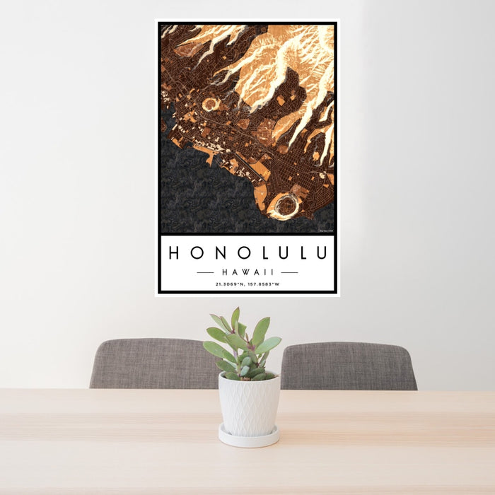 24x36 Honolulu Hawaii Map Print Portrait Orientation in Ember Style Behind 2 Chairs Table and Potted Plant