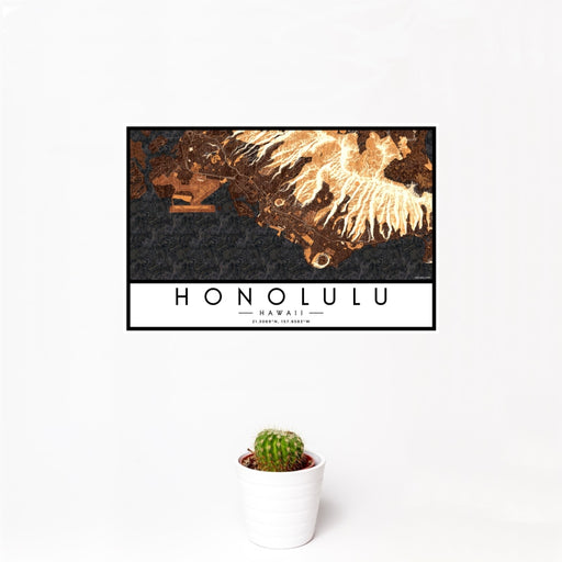 12x18 Honolulu Hawaii Map Print Landscape Orientation in Ember Style With Small Cactus Plant in White Planter