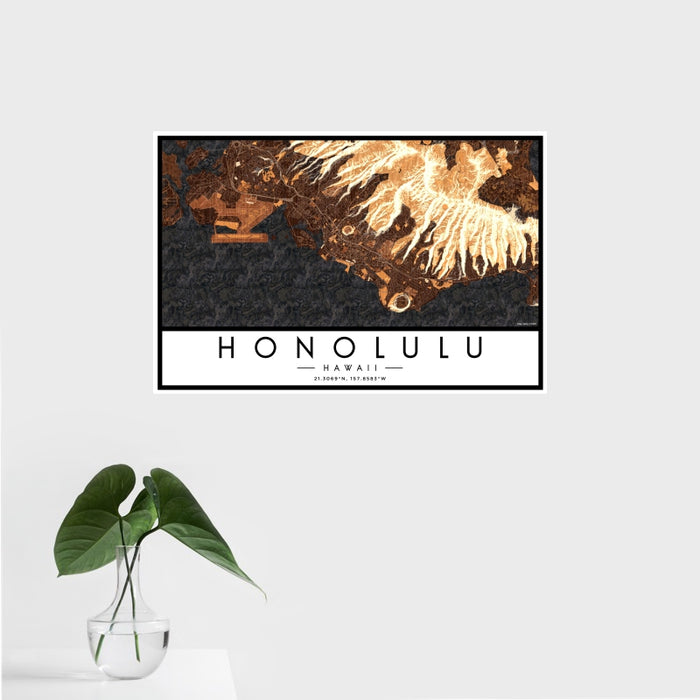 16x24 Honolulu Hawaii Map Print Landscape Orientation in Ember Style With Tropical Plant Leaves in Water