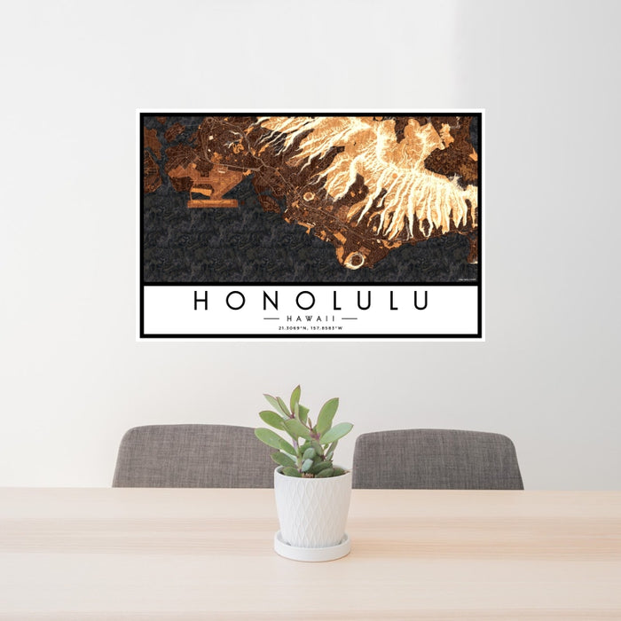 24x36 Honolulu Hawaii Map Print Landscape Orientation in Ember Style Behind 2 Chairs Table and Potted Plant