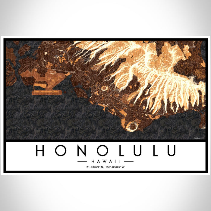 Honolulu Hawaii Map Print Landscape Orientation in Ember Style With Shaded Background