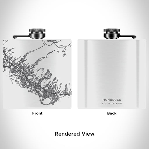 Rendered View of Honolulu Hawaii Map Engraving on 6oz Stainless Steel Flask in White