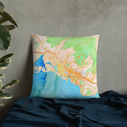 Custom Honolulu Hawaii Map Throw Pillow in Watercolor on Bedding Against Wall