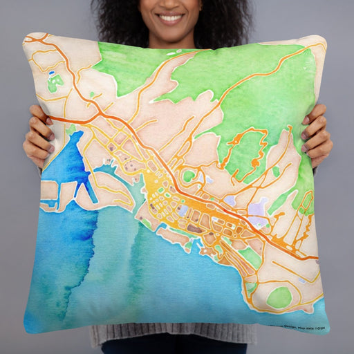 Person holding 22x22 Custom Honolulu Hawaii Map Throw Pillow in Watercolor