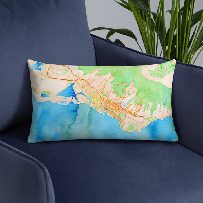 Custom Honolulu Hawaii Map Throw Pillow in Watercolor on Blue Colored Chair