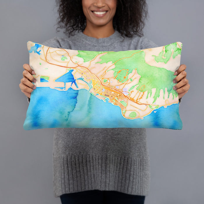 Person holding 20x12 Custom Honolulu Hawaii Map Throw Pillow in Watercolor