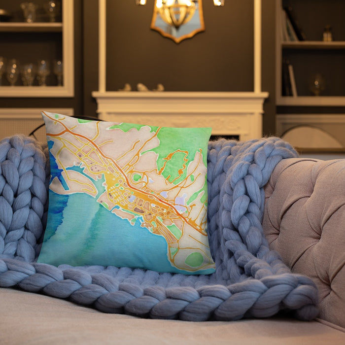 Custom Honolulu Hawaii Map Throw Pillow in Watercolor on Cream Colored Couch