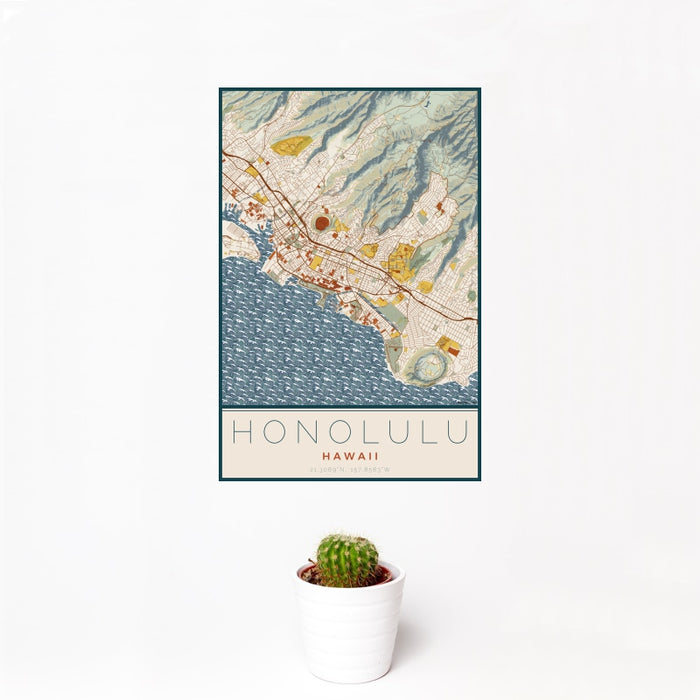 12x18 Honolulu Hawaii Map Print Portrait Orientation in Woodblock Style With Small Cactus Plant in White Planter