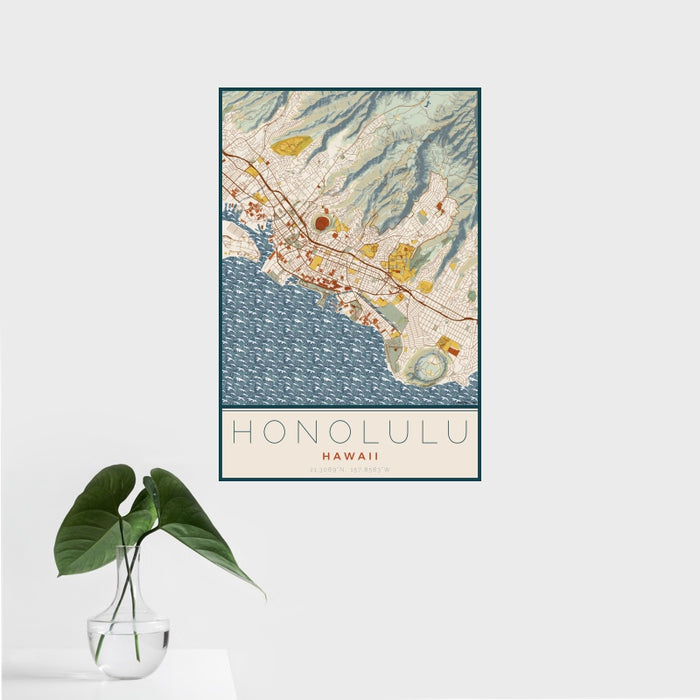 16x24 Honolulu Hawaii Map Print Portrait Orientation in Woodblock Style With Tropical Plant Leaves in Water
