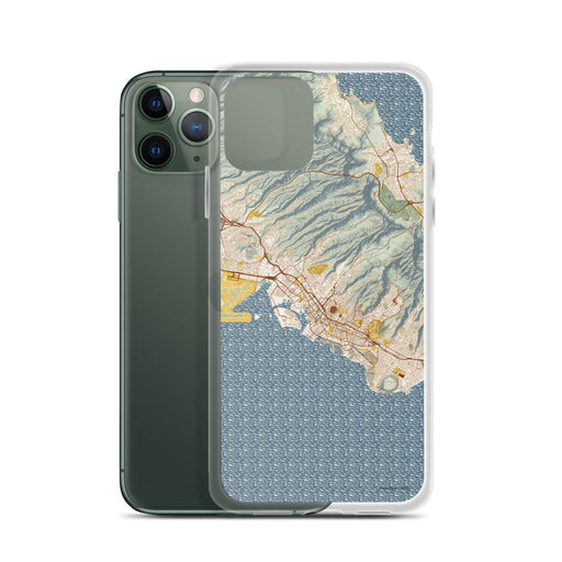 Custom Honolulu Hawaii Map Phone Case in Woodblock on Table with Laptop and Plant