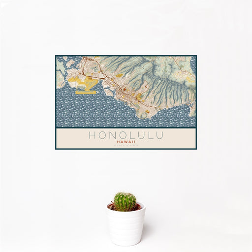 12x18 Honolulu Hawaii Map Print Landscape Orientation in Woodblock Style With Small Cactus Plant in White Planter