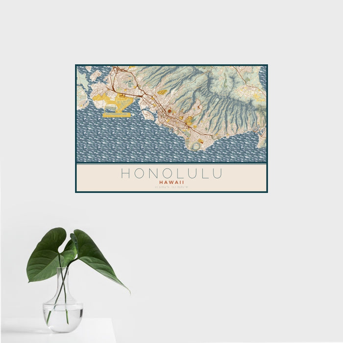 16x24 Honolulu Hawaii Map Print Landscape Orientation in Woodblock Style With Tropical Plant Leaves in Water