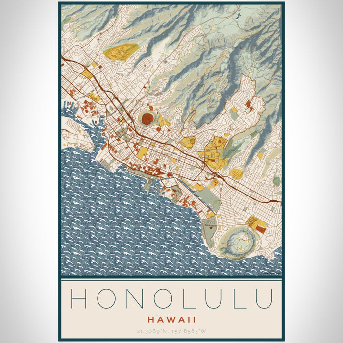 Honolulu Hawaii Map Print Portrait Orientation in Woodblock Style With Shaded Background