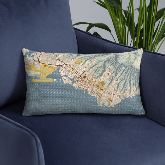 Custom Honolulu Hawaii Map Throw Pillow in Woodblock on Blue Colored Chair
