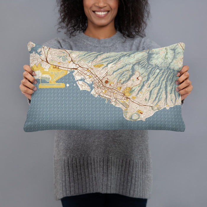 Person holding 20x12 Custom Honolulu Hawaii Map Throw Pillow in Woodblock