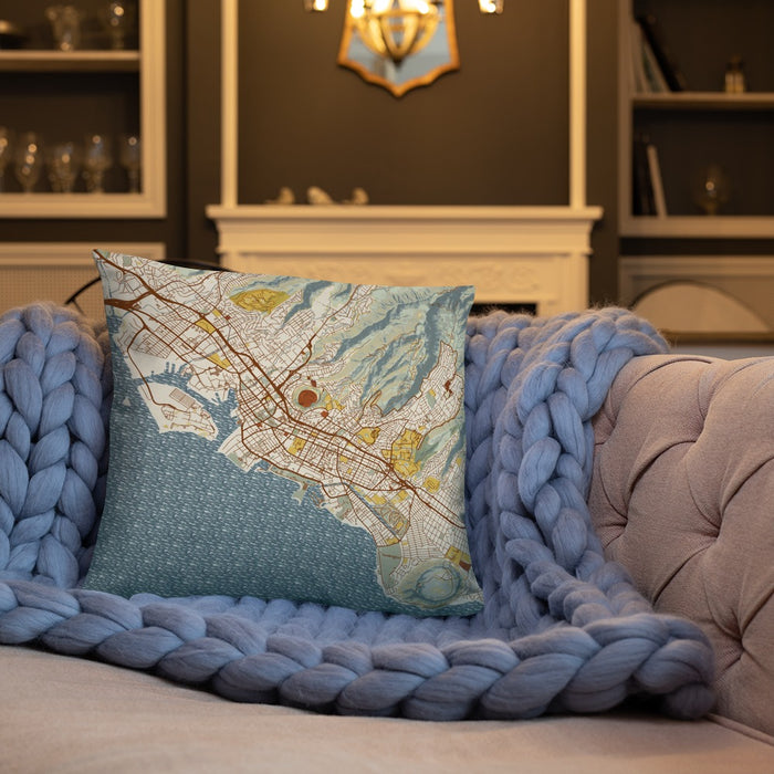 Custom Honolulu Hawaii Map Throw Pillow in Woodblock on Cream Colored Couch