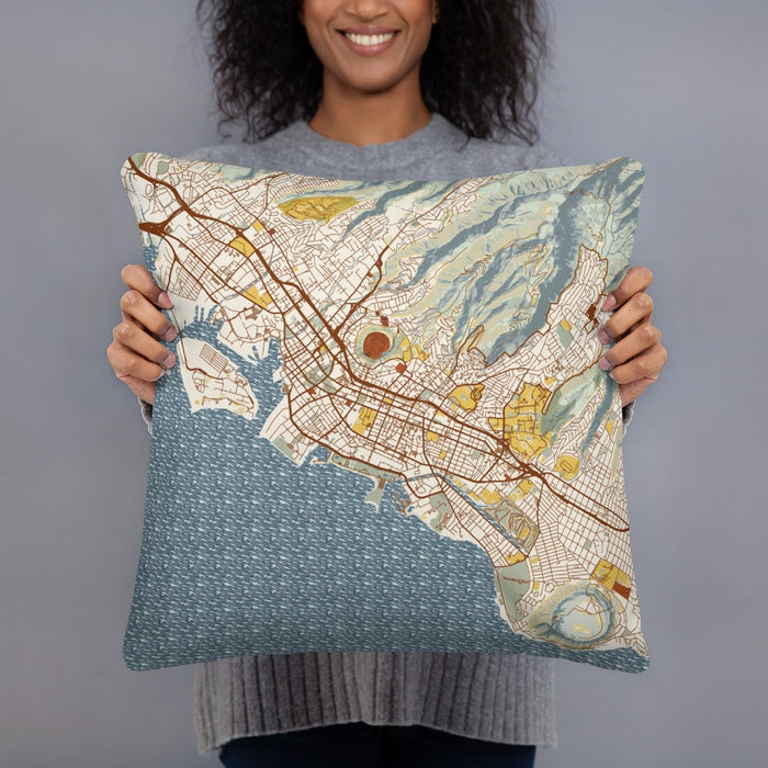Person holding 18x18 Custom Honolulu Hawaii Map Throw Pillow in Woodblock