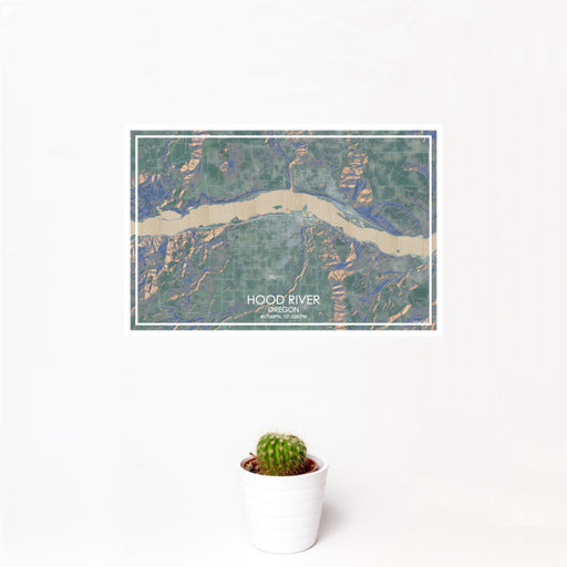 12x18 Hood River Oregon Map Print Landscape Orientation in Afternoon Style With Small Cactus Plant in White Planter