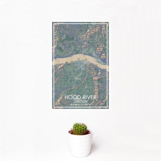 12x18 Hood River Oregon Map Print Portrait Orientation in Afternoon Style With Small Cactus Plant in White Planter