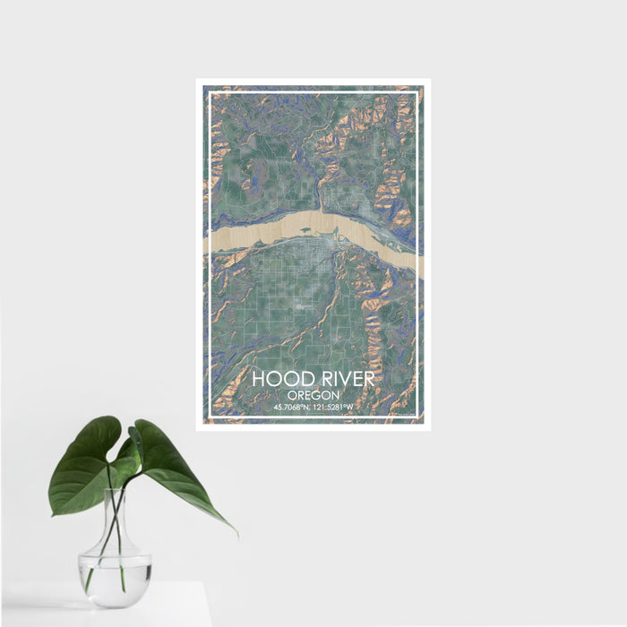 16x24 Hood River Oregon Map Print Portrait Orientation in Afternoon Style With Tropical Plant Leaves in Water