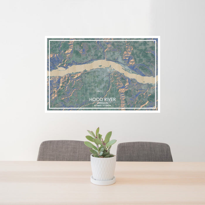 24x36 Hood River Oregon Map Print Lanscape Orientation in Afternoon Style Behind 2 Chairs Table and Potted Plant