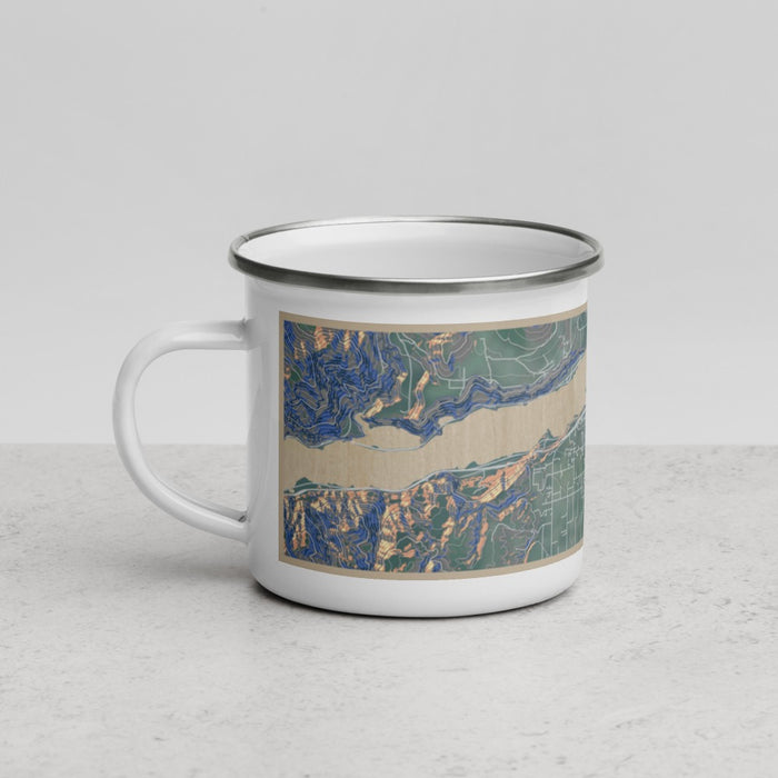 Left View Custom Hood River Oregon Map Enamel Mug in Afternoon