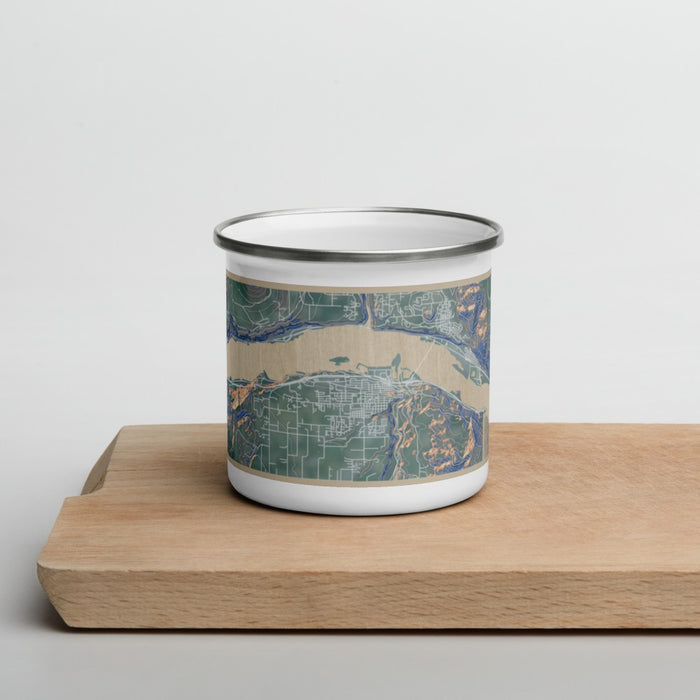 Front View Custom Hood River Oregon Map Enamel Mug in Afternoon on Cutting Board