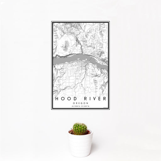 12x18 Hood River Oregon Map Print Portrait Orientation in Classic Style With Small Cactus Plant in White Planter