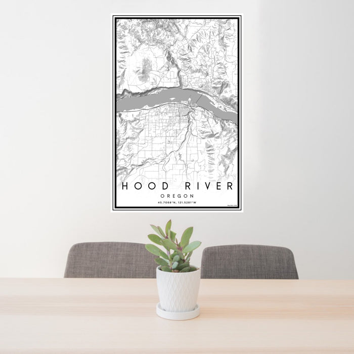 24x36 Hood River Oregon Map Print Portrait Orientation in Classic Style Behind 2 Chairs Table and Potted Plant