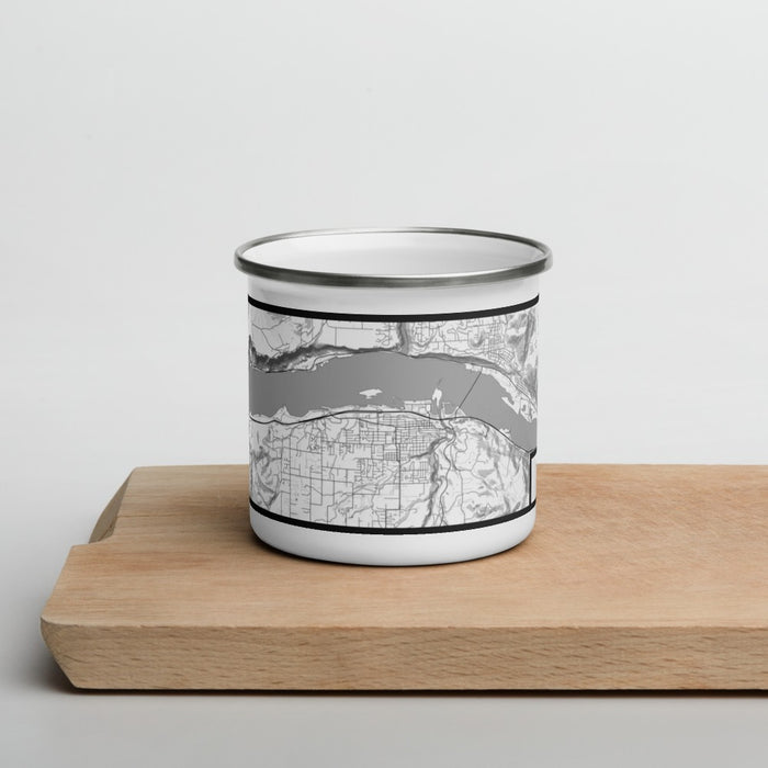 Front View Custom Hood River Oregon Map Enamel Mug in Classic on Cutting Board