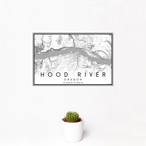 12x18 Hood River Oregon Map Print Landscape Orientation in Classic Style With Small Cactus Plant in White Planter