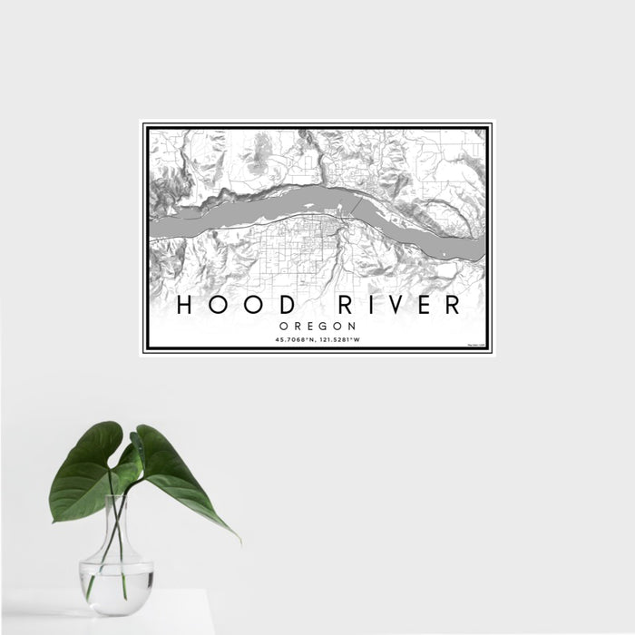 16x24 Hood River Oregon Map Print Landscape Orientation in Classic Style With Tropical Plant Leaves in Water