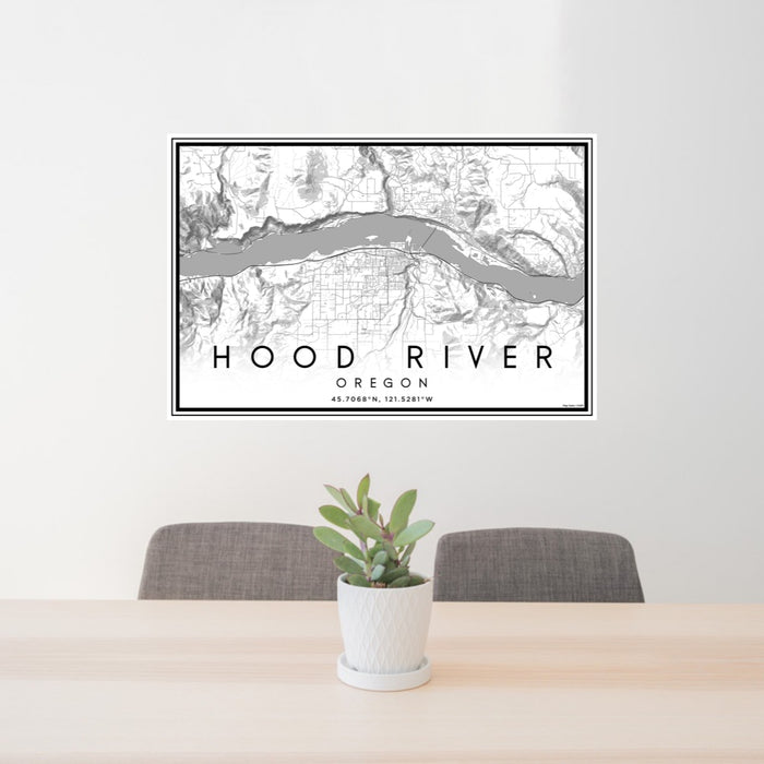 24x36 Hood River Oregon Map Print Landscape Orientation in Classic Style Behind 2 Chairs Table and Potted Plant