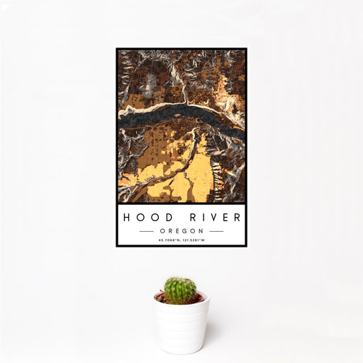 12x18 Hood River Oregon Map Print Portrait Orientation in Ember Style With Small Cactus Plant in White Planter