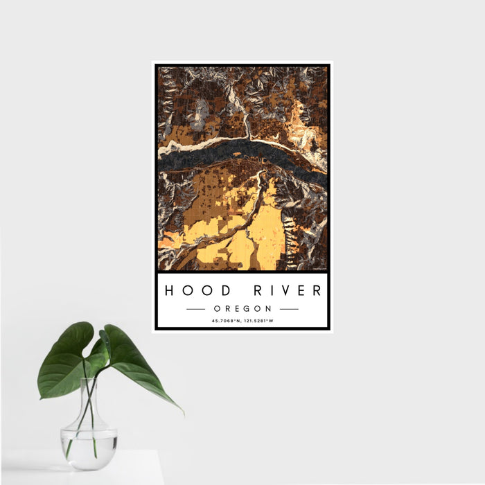 16x24 Hood River Oregon Map Print Portrait Orientation in Ember Style With Tropical Plant Leaves in Water