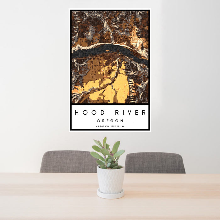 24x36 Hood River Oregon Map Print Portrait Orientation in Ember Style Behind 2 Chairs Table and Potted Plant