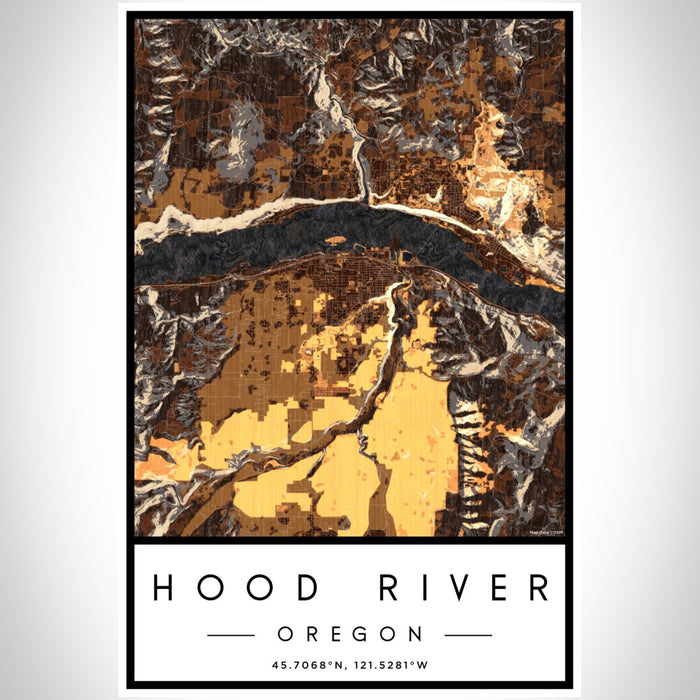 Hood River Oregon Map Print Portrait Orientation in Ember Style With Shaded Background