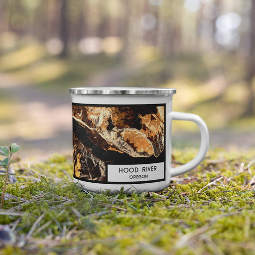 Right View Custom Hood River Oregon Map Enamel Mug in Ember on Grass With Trees in Background