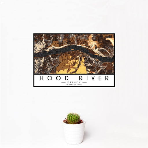 12x18 Hood River Oregon Map Print Landscape Orientation in Ember Style With Small Cactus Plant in White Planter