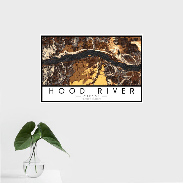 16x24 Hood River Oregon Map Print Landscape Orientation in Ember Style With Tropical Plant Leaves in Water